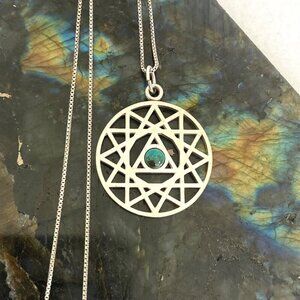 Sterling Silver 925 Openwork Round Mandala Trinity Star Chrysocolla Necklace 18"
